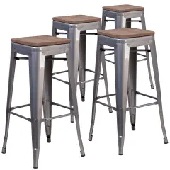 Merrick Lane Set of 4 Hamburg 30 Inch Tall Clear Coated Metal Bar Counter Stool With Textured Elm Wood Seat Clear Coated Gray