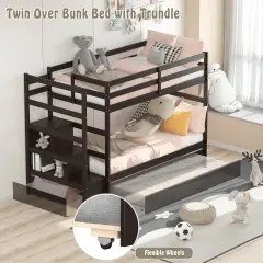 Twin Over Twin Bunk Bed with 3-Step Staircase and Storage Shelf Dark Brown