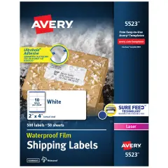 Avery Waterproof Labels with UltraHold Permanent Adhesive, 2" x 4", 500 Labels for Laser Printers (5523)
