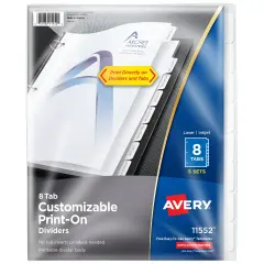 Avery Customizable Print-On Dividers, 8 Tab, White, 5 Sets (11552)