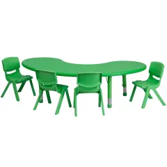 Emma and Oliver 35"W x 65"L Half-Moon Plastic Height Adjustable Activity Table Set with 4 Chairs Green