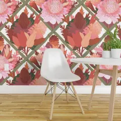 Peel & Stick Wallpaper 2FT Wide Pink Botanical Lattice Chinoiserie Trellis Boho Hawaiian Floral Tropical Mauve Large Scale Custom Removable Wallpaper by Spoonflower