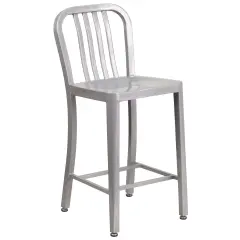 Merrick Lane Santorini Galvanized Steel Indoor/Outdoor Counter Bar Stool With Slatted Back And Powder Coated Finish Silver