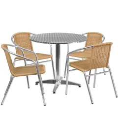 Emma and Oliver 31.5" Round Aluminum Garden Patio Table Set with 4 Rattan Chairs Beige