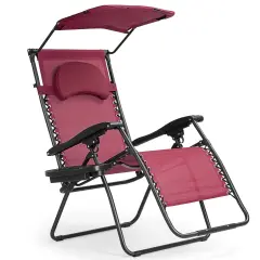 Folding Recliner Lounge Chair with Shade Canopy Cup Holder Red
