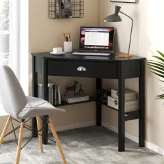 Wooden Corner Computer Desk with Big Storage Drawer and Two Open Shelves Black