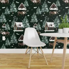 Peel & Stick Wallpaper 2FT Wide Green Cabin Winter Wonderland Christmas Reindeer Forest Cottage Snowy Alpine Holiday Cozy Chalets Custom Removable Wallpaper by Spoonflower