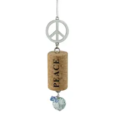 Midwest Tuscan Winery Peace Sign "Peace" Inspirational Decorative Green Faux Gem Accented Wine Cork Christmas Ornament 5.5" Silver