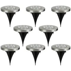 Northlight Set of 8 Stainless Steel Round Solar Powered LED Pathway Markers, 5" Stainless-Steel