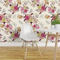 Peel & Stick Wallpaper 2FT Wide Pink Cream Yellow Butterflies Floral Orange Rose Daisy Crimson Sketchbook Hand Drawn Large Scale Botanical Kitsch Custom Removable Wallpaper by Spoonflower