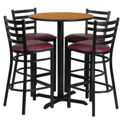 Emma and Oliver 30" Round Laminate Table Set with X-Base and 4 Ladder Back Stools Natural/BurgundyVYL