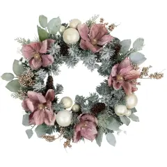 Northlight Floral and Ball Ornament Frosted Pine Artificial Christmas Wreath - 24" -Pink - Unlit Green