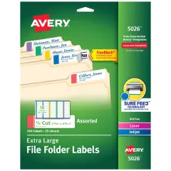 Avery TrueBlock Extra Large File Folder Labels, 15/16" x 3-7/16", 450 Printable Labels, Assorted (5026)