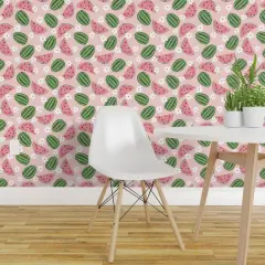 Pre-Pasted Wallpaper 2FT Wide Pink Fruit Summer Daisy Watermelons Small Scale Garden Picnic Floral Custom Pre-pasted Wallpaper by Spoonflower