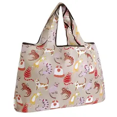 Wrapables Large Foldable Tote Nylon Reusable Grocery Bags Neutral Felines