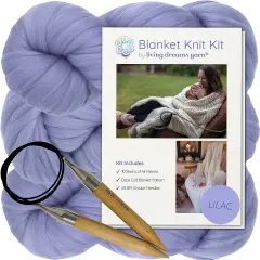 DIY Merino Wool Blanket Knitting Kit: Soft and Thick #7 Weight Jumbo Yarn, Knitting Needles and Pattern. Soft, Cozy, Great for Gifts Lilac