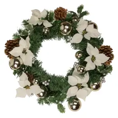 Northlight Decorated Cream Colored Poinsettia and Berry Artificial Christmas Wreath, 24-Inch, Unlit Green