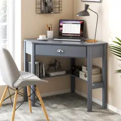 Wooden Corner Computer Desk with Big Storage Drawer and Two Open Shelves Grey