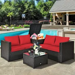 4 Pcs Outdoor Patio Rattan Furniture Set with Cushioned Loveseat and Storage Box Red