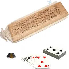 WE Games Deluxe Cribbage Set - Solid Wood Continuous 3 Track Board with Easy Grip Pegs, Deck of Cards & Canvas Storage Bag