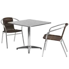 Emma and Oliver 31.5" Square Aluminum Garden Patio Table Set with 2 Rattan Chairs Dark Brown
