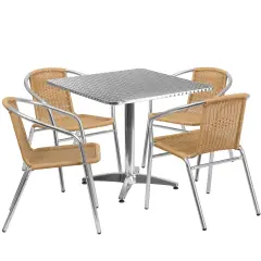 Emma and Oliver 31.5" Square Aluminum Garden Patio Table Set with 4 Rattan Chairs Beige