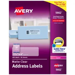 Avery Matte Clear Address Labels, Sure Feed Technology, Laser, 1-1/3" x 4", 700 Labels (5662)
