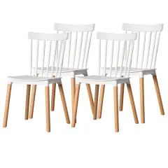 Modern Plastic Dining Chair Windsor Design with Beech Wood Legs Set of 4 White