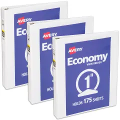 Avery Economy View 3 Ring Binder, 1 Inch Round Rings, 3 White Binders (05760)