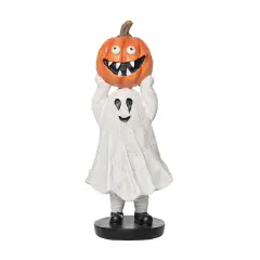 3.35" Kid Ghost Costume Holding Jack-O-Lantern Cute Halloween Figurine