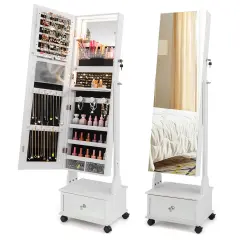 Costway Jewelry Cabinet Armoire Full-Length Mirror Lockable with 3-Color LED Lights Brown/Coffee/White