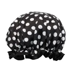 Wrapables Reusable Women's Waterproof Shower Caps for Long Hair Black White Dots