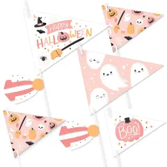 Big Dot of Happiness Pastel Halloween - Triangle Pink Pumpkin Party Photo Props - Pennant Flag Centerpieces - Set of 20