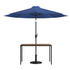 Merrick Lane Outdoor Powder Coated Steel Dining Table with Faux Teak Poly Slat Top, 9' Patio Umbrella and Base Navy