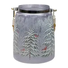Northlight 6.25" Hand-Painted Pine Trees and Cardinals Flameless Glass Christmas Candle Holder Silver
