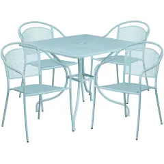 Emma and Oliver Commercial 35.5" Square Metal Garden Patio Table Set w/ 4 Round Back Chairs Sky Blue