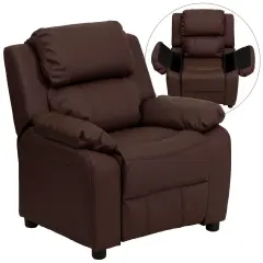 Emma and Oliver Deluxe Padded Contemporary Kids Recliner with Storage Arms Brown LeatherSoft