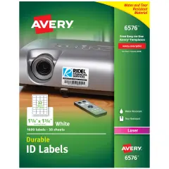 Avery Durable ID Labels, Permanent Adhesive, 1-1/4" x 1-3/4", 1,600 Labels (6576)
