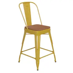 Emma and Oliver Kam Metal Indoor-Outdoor Stool with Removable Back and All-Weather Polystyrene Seat Yellow/Teak