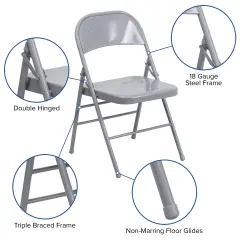Emma and Oliver 4 Pack Triple Braced & Double Hinged Metal Folding Chair Gray