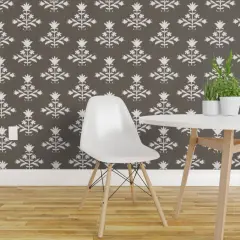 Pre-Pasted Wallpaper 2FT Wide Block Print Floral Tulip Traditional Bohemian Ikat Gray Brown Neutral Custom Pre-pasted Wallpaper by Spoonflower