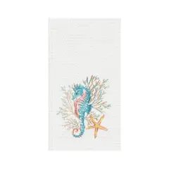 Seahorse And Coral Embroidered Waffle Weave Cotton Kitchen Towel