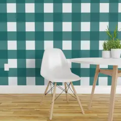 Peel & Stick Wallpaper 2FT Wide Teal Buffalo Check Large Scale Plaid Rustic Gingham Cabin Custom Removable Wallpaper by Spoonflower