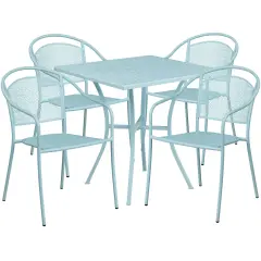 Emma and Oliver Commercial Grade 28" Square Metal Garden Patio Table Set w/ 4 Round Back Chairs Sky Blue