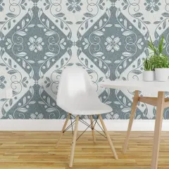 Pre-Pasted Wallpaper 2FT Wide Flowers Leaves Swirls Tiles Damask Botanical Floral Checkers Blue Gray Olive Branches Faux Marble Large Scale Custom Pre-pasted Wallpaper by Spoonflower