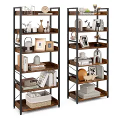 Costway 2 PCS 6-Tier Bookshelf Open Display Shelves Storage Rack Metal Frame with 4 Hooks