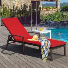 Costway Patio Rattan Lounge Chair Chaise Recliner Back Adjustable Cushioned Outdoor Red