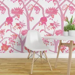 Pre-Pasted Wallpaper 2FT Wide Peony Floral Chinoiserie Large Scale Pink Orange Maximalist Custom Pre-pasted Wallpaper by Spoonflower
