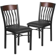 Emma and Oliver 2 Pk. Vertical Back Metal and Wood Restaurant Chair with Vinyl Seat Walnut