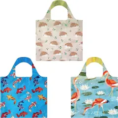 Wrapables Allybag Foldable & Lightweight Reusable Grocery Bag, 3 Pack Fish, Cranes